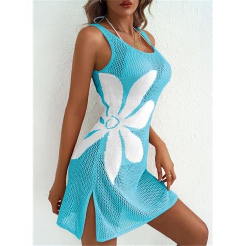 Blue White Floral Slit Swim Crochet Cover Up Dress